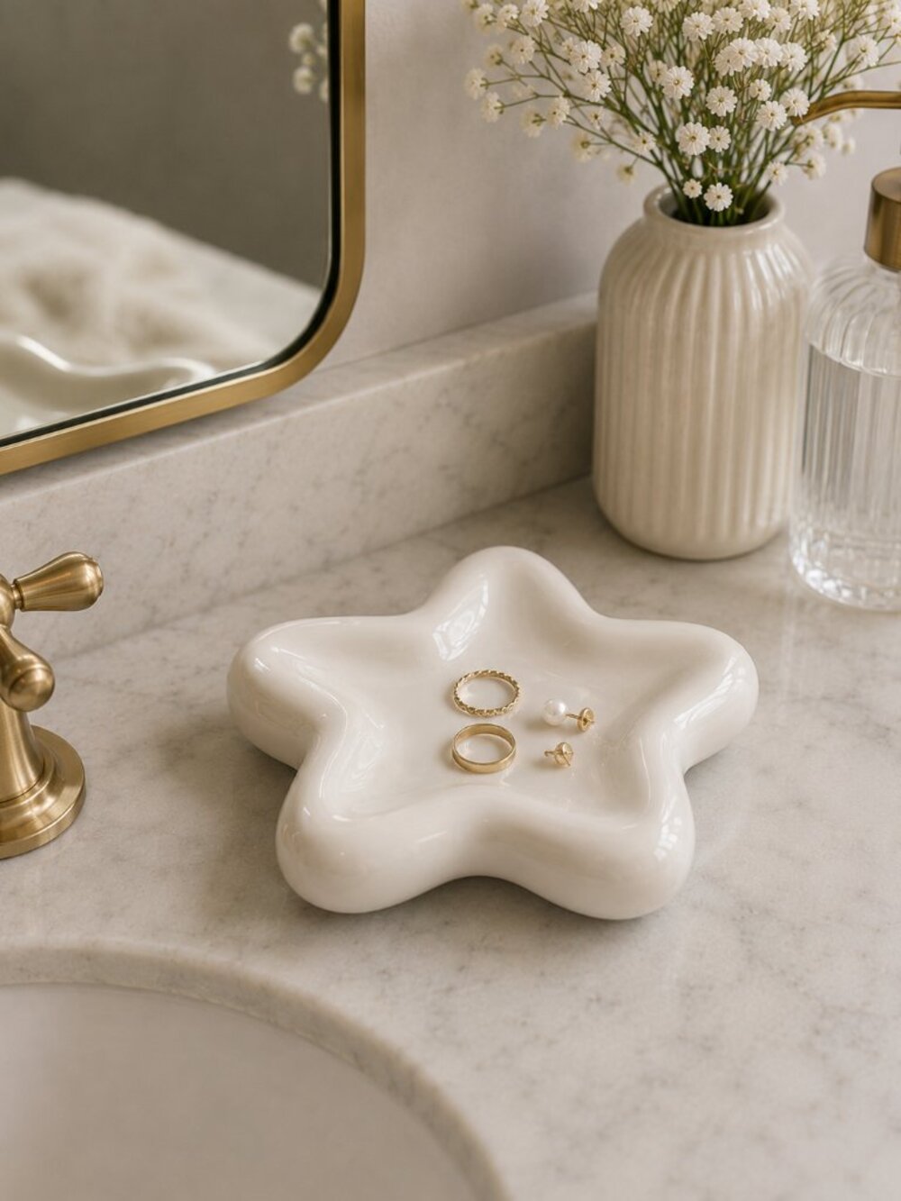 White Flower Ceramic Jewelry Dish/Trinket Tray